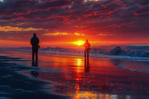 Four Fishermen Cast Lines In The Ocean At Sunrise Stock Image Image