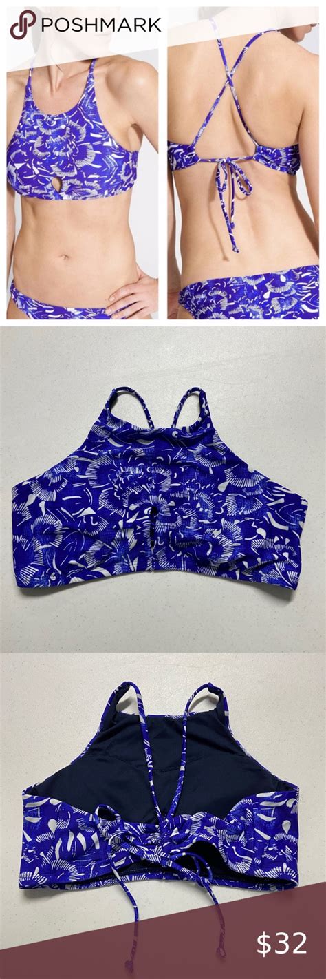 Athleta Batik Blue Floral High Neck Bikini Top XL High Neck Bikinis