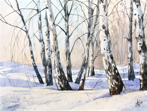 Birch Trees In Snow Watercolor