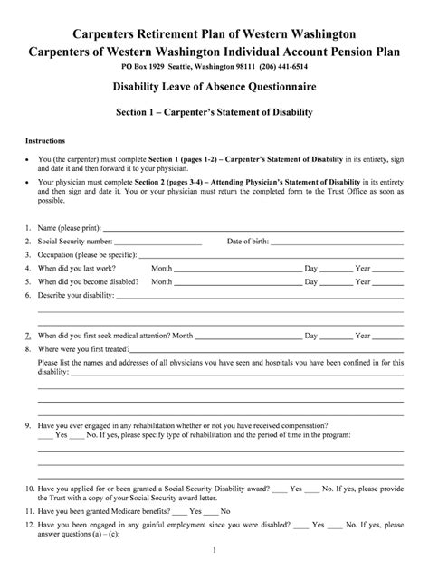 Fillable Online Ctww Disability Leave Of Absence Questionnaire