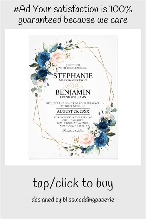 Navy Blue Blush Pink Rose Boho Geometric Wedding Invitation Zazzle