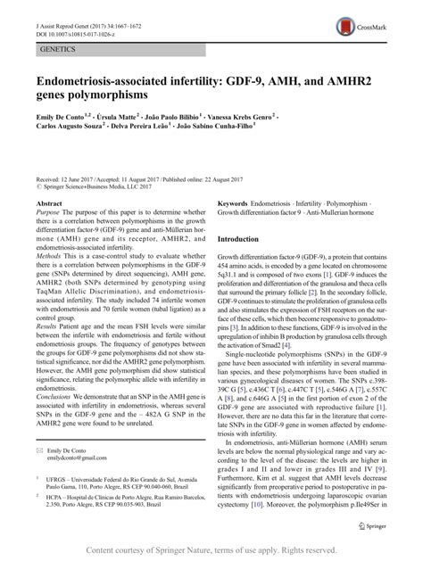 Endometriosis Associated Infertility GDF 9 AMH And AMHR2 Genes