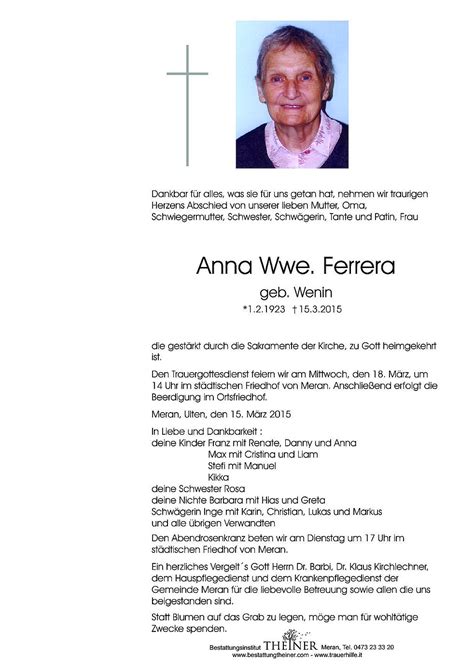 Anna Wwe Ferrera aus Meran TrauerHilfe it das Südtiroler Gedenkportal