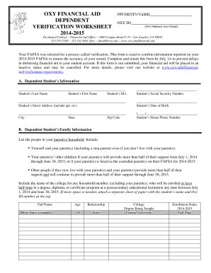 Fillable Online Oxy OXY FINANCIAL AID DEPENDENT VERIFICATION WORKSHEET