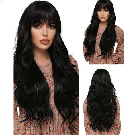 Peruca Lace Wig Longa Lisa Ondulada Franja Preta Fibra Cm