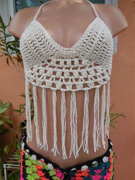 Crochet Beach Halter Top In Size Small Medium With Fringes Etsy