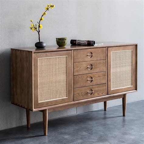 55 Cottage Walnut Sideboard Buffet Rattan With 2 Doors 4 Drawers Homary