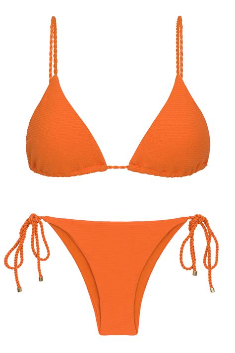 Bikini Brésilien Orange Texturé Liens Torsadés Set St tropez