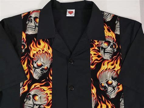 Flames Skulls Flaming Skull Bowling Shirt Rockabilly Etsy