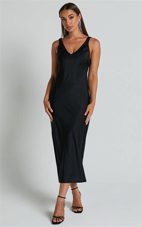 Agnia Midi Dress Plunge Neck Elasticated Back Strap Detail Satin Slip Dress In Black Showpo Usa