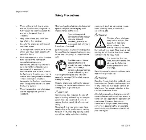 Stihl Ms 200t Chainsaw Owners Manual