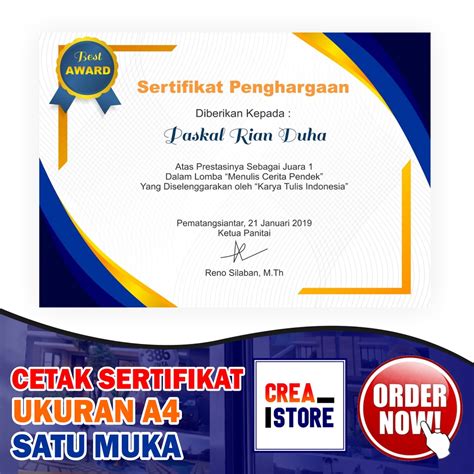 Jual Cetak Sertifikat Piagam Penghargaan Ukuran A4 Kertas Linen Minimal