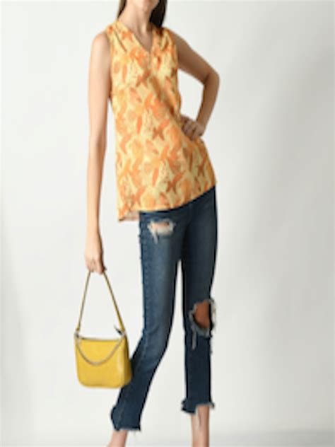 Buy Dressberry Mustard Yellow Floral Printed V Neck Satin Top Tops