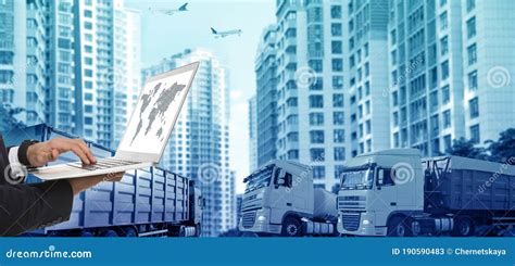 Logistics Concept Banner Businessman With Laptop Closeup Trucks And