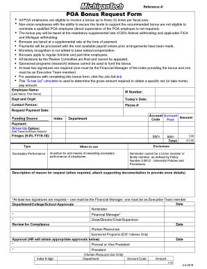 Fillable Online Mtu POA Bonus Request Form Michigan Technological