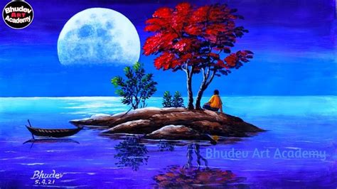 Beautiful Moon Light Scenary Drawing|Easy Moon Light Scenary Painting ...