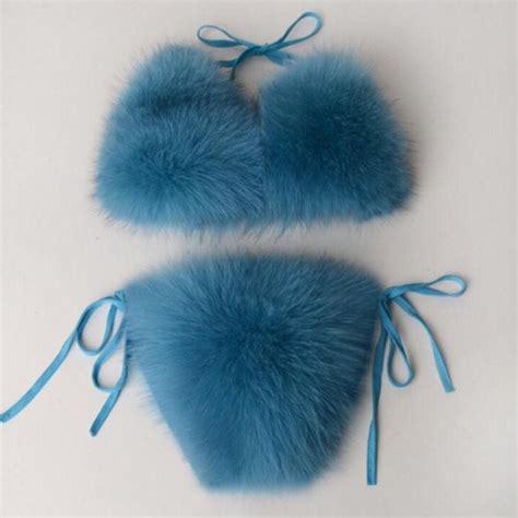 Blue Real Fox Fur Bikini One Size With Detachable Fur Etsy