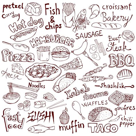 Premium Vector Doodle Food Set And Inscriptions