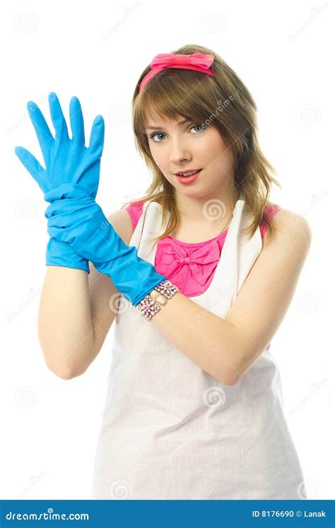 Young Housewife Putting On Rubber Gloves Stock Photo Image Of