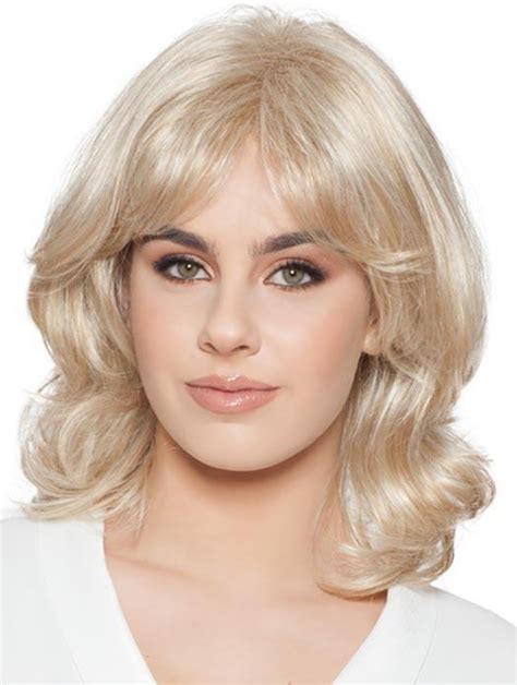 Fashionable With Bangs Platinum Blonde Shoulder Length 14 Medium Wigs