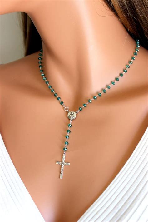 Aqua Crystal Rosary Necklace Sterling Silver Rosaries Crucifix Etsy