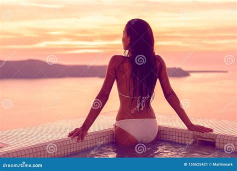 Luxury Hotel Swimming Pool Bikini Model Woman Relaxing In Jacuzzi Spa