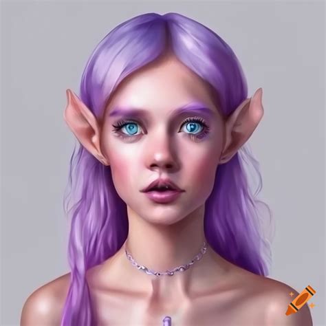 Photorealistic illustration of a light pink elf with lavender hair on ...