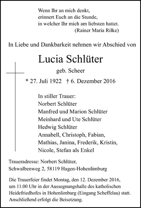 Traueranzeigen Von Lucia Schl Ter Trauer In Nrw De