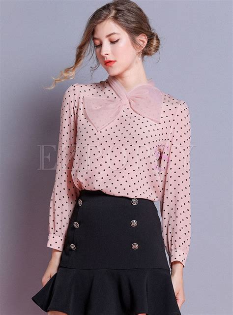 Pink Polka Dot Bowknot Pullover Blouse Pink Polka Dots Blouse Women