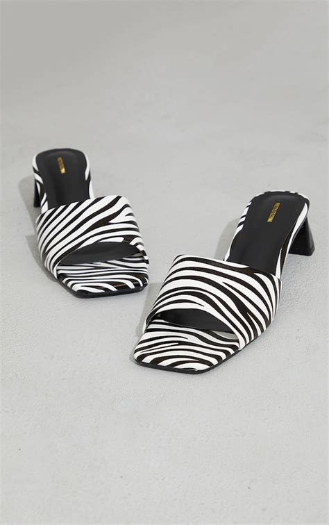 White Zebra Print Low Block Flare Heel Mules Footwear