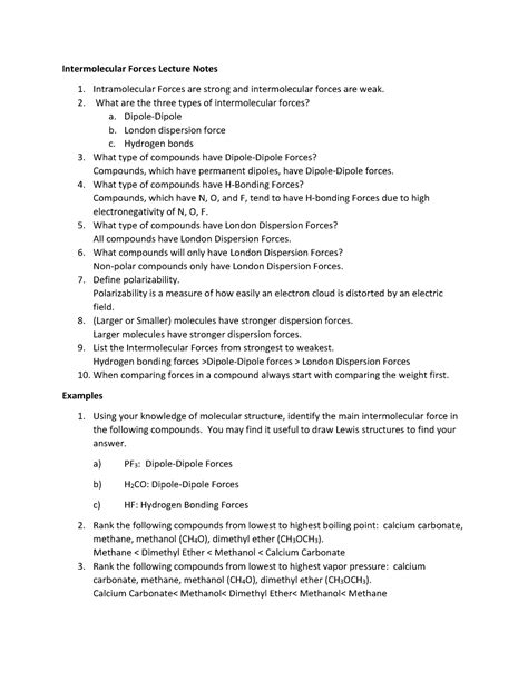 Intermolecular Forces Examples With Answers