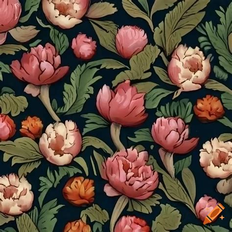 Peonies Flower Pattern In William Morris Style On Craiyon