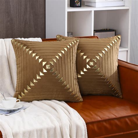 Tosleo Set Of 2 Brown And Gold Throw Pillow Covers Soft Decorative Luxury Velvet