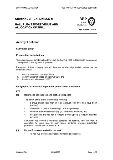 Criminal Litigation SGS 4 Activity 1 Solution 22 23 LPC CRIMINAL