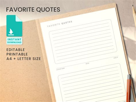 Favorite Quotes Printable Book Quote Journal Template - Etsy