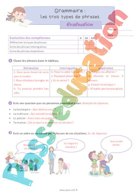 Les Trois Types De Phrases Déclarative Interrogative Et Impérative Évaluation De Grammaire