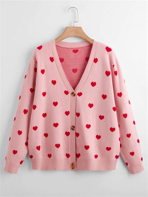 Plus Heart Pattern Button Front Cardigan Cardigan Deguisement