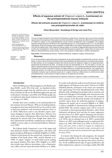 Pdf Effects Of Aqueous Extract Of Origanum Vulgare L Lamiaceae On