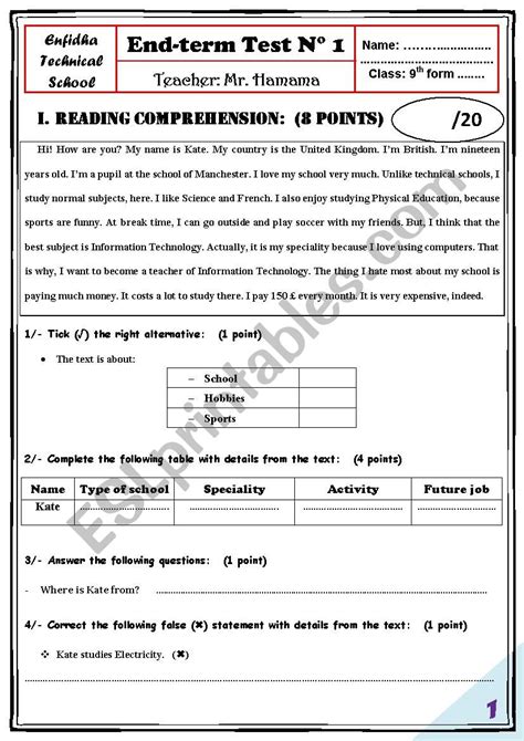 End Of Semester Test N Th Esl Worksheet By Mr Dali