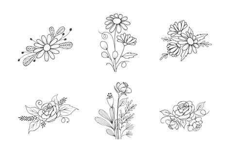 Hand Drawn Flower Bouquet Collection In Outline Style By Aghadhia