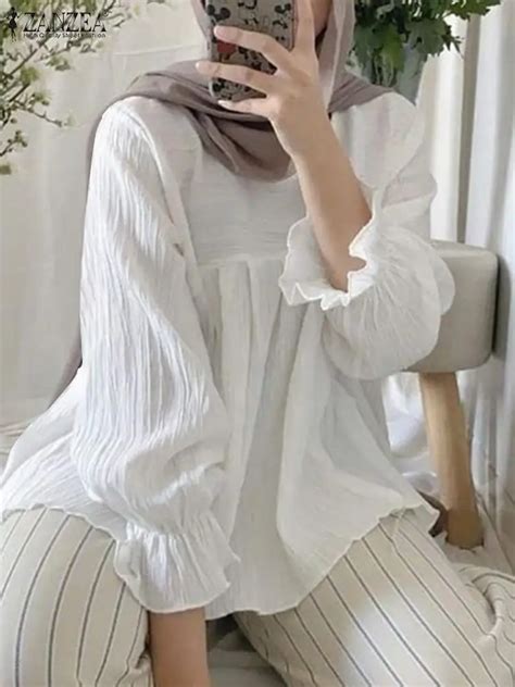 Zanzea Fashion Ruffles Muslim Blouse Woman Puff Sleeve O Neck Tunic