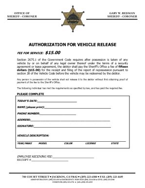 Fillable Online AUTHORIZATION FOR VEHICLE RELEASE Fax Email Print