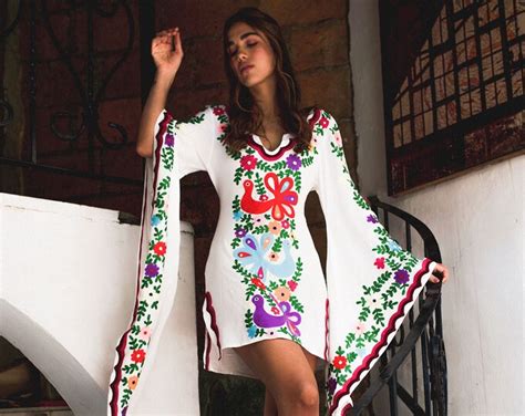 White and Pink Mexican Embroidered Dress, Bohemian Maxi Mini Dress - Etsy