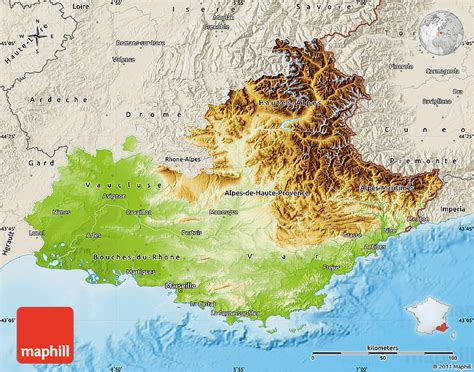 Physical Map of Provence-Alpes-Côte D'Azur, shaded relief outside