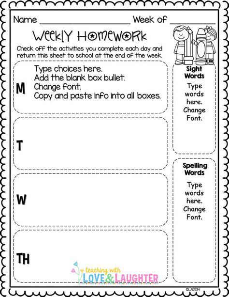 Editable Weekly Homework Checklists Like The Layout But Example Calendar Printable