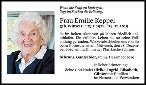 Todesanzeigen Von Emilie Keppel Todesanzeigen Vorarlberger Nachrichten