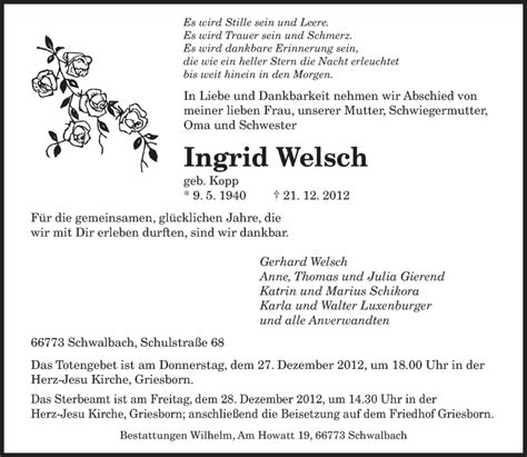 Traueranzeigen Von Ingrid Welsch Saarbruecker Zeitung Trauer De