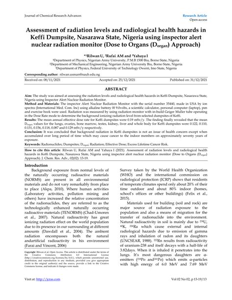 Pdf Assessment Of Radiation Levels And Radiological Health Hazards In