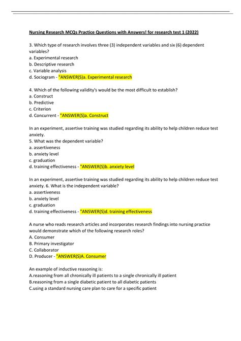 Nursing Research Mcqs Practice Questions With Answers For Research