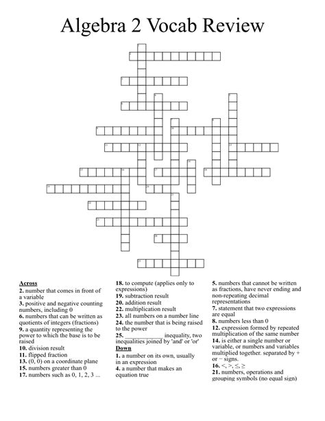 Algebra 2 Vocab Review Crossword Wordmint